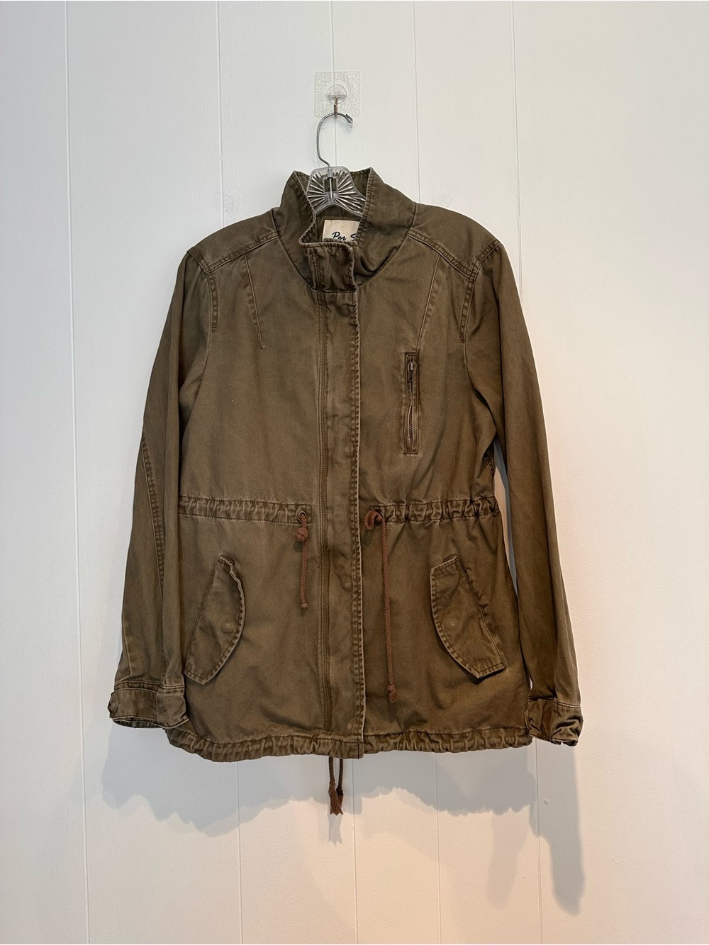 Per Se Olive Utility Anorak Jacket Cotton Drawstring Cargo Large - Picture 3 of 9